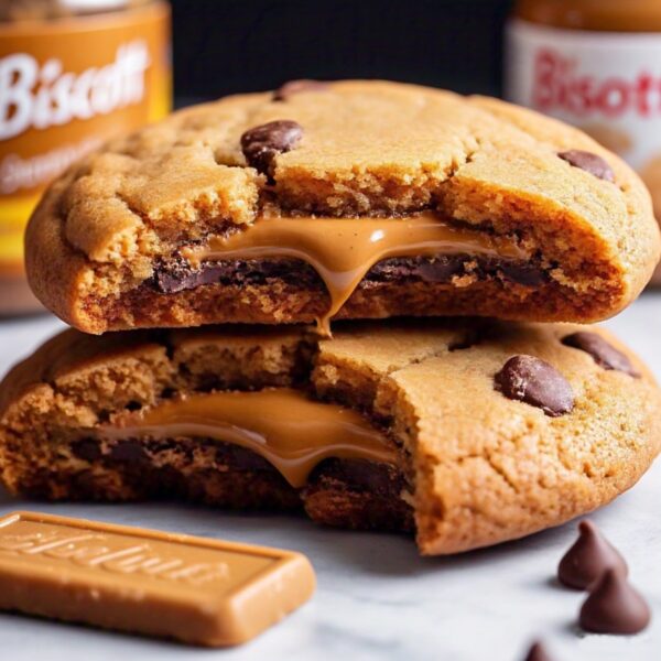 Thick cookie with gooey Biscoff center and crushed Biscoff topping