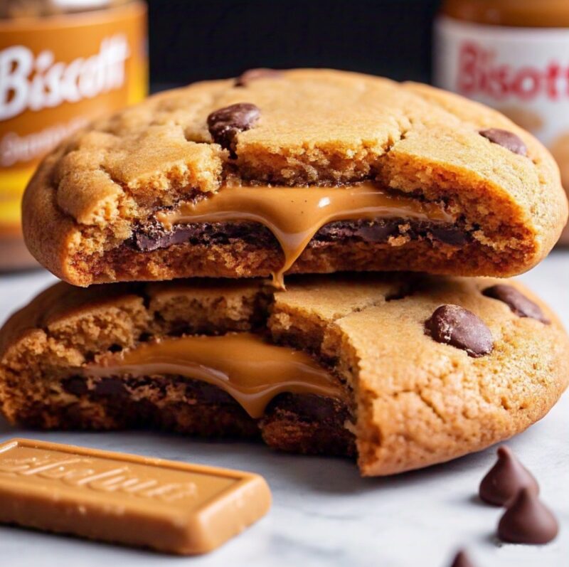 Thick cookie with gooey Biscoff center and crushed Biscoff topping