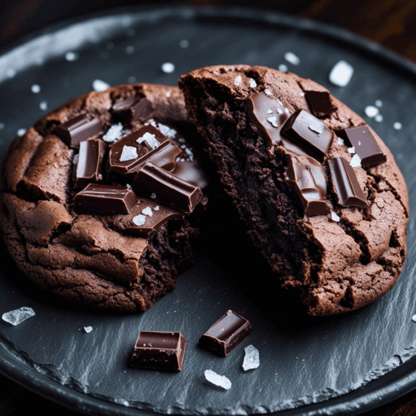 Dark chocolate cookie topped with flaky sea salt and melted chips