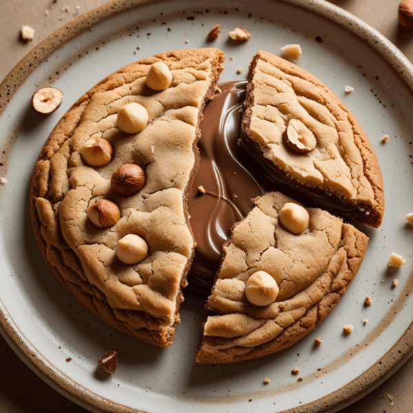 Cookie with hazelnuts on top and Nutella oozing from the center