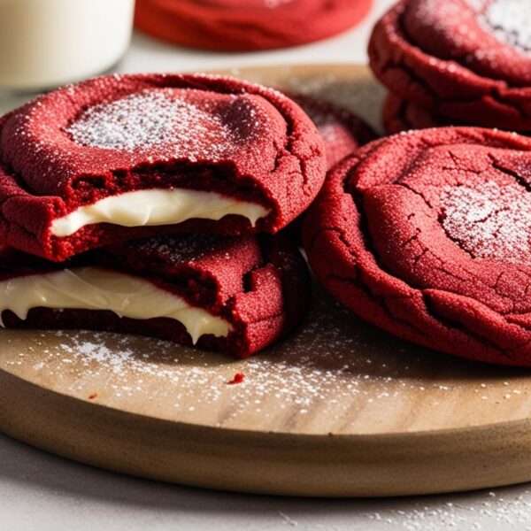 Red velvet cookie with cream cheese filling, top-down view
