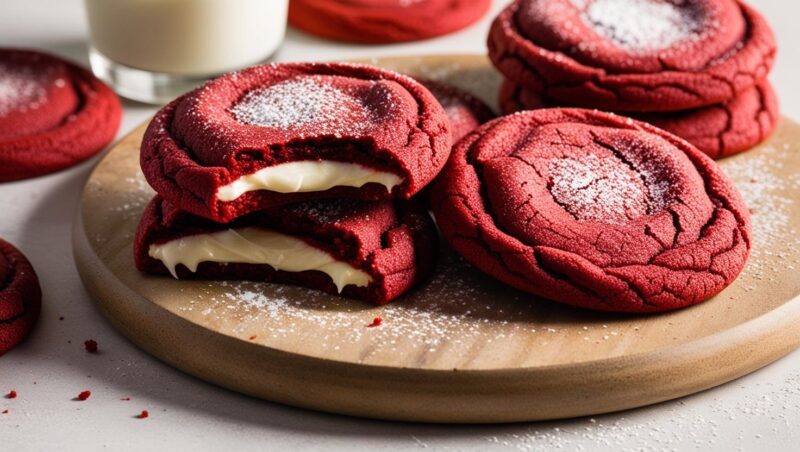 Red velvet cookie with cream cheese filling, top-down view